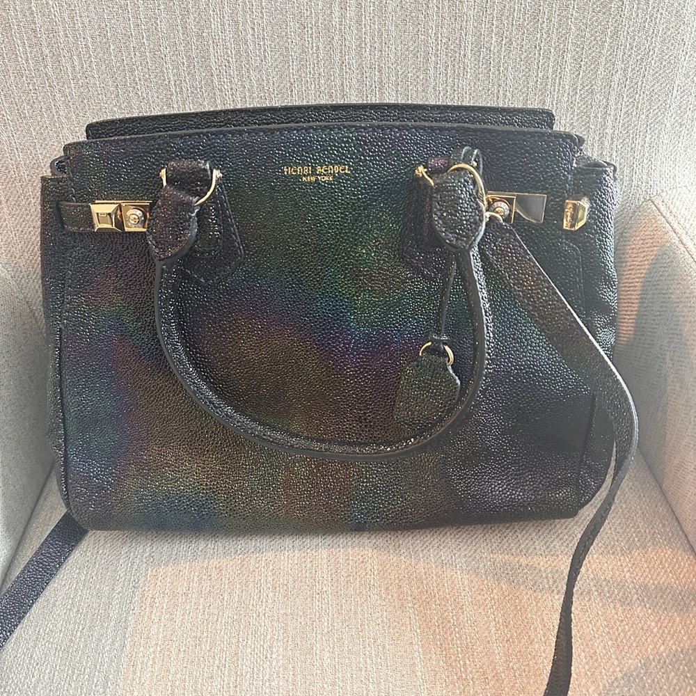 Henry Bendel Black Irisdescent Satchel with Structured Design and Dual Handles